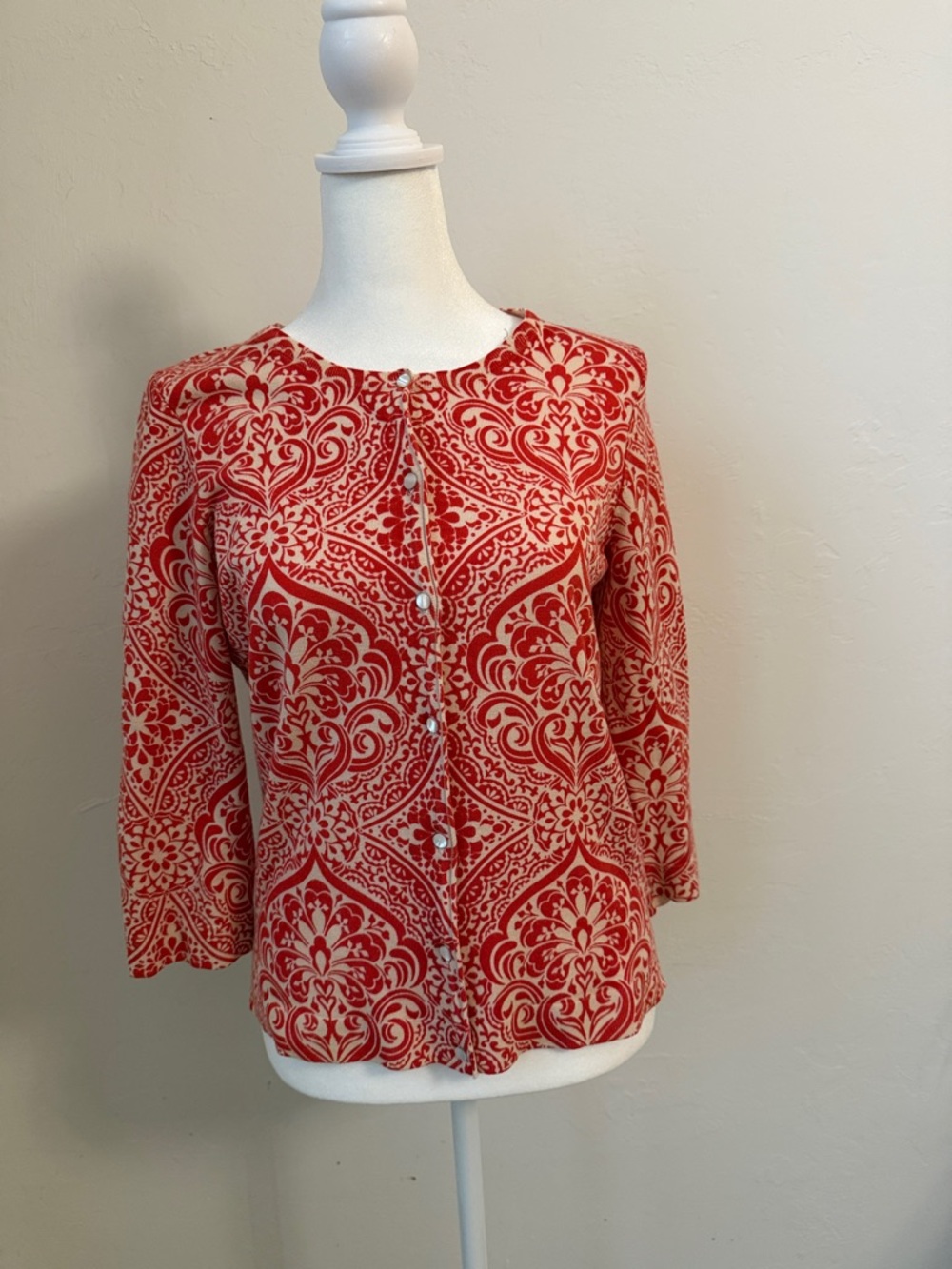 Ann Taylor Chili Red and Beige Patterned Button-Front Sweater